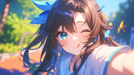 Cute anime idol girl poses closing one eye, smiling beautifullyv - obrazy, fototapety, plakaty