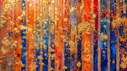 Foto op Canvas A large stroke oil painting, an art painting, a mural, a modern artwork, paint spots, brushstrokes, golden elements, orange, gold, blue, knife painting, abstract. © Zaleman