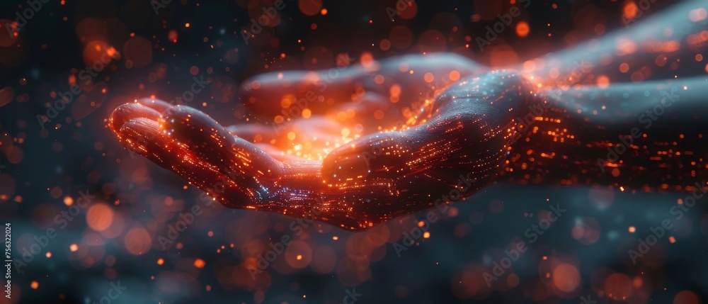 Aufkleber ai global network technology, hologram with blue and red color glow of human hand in sci-fi futurist