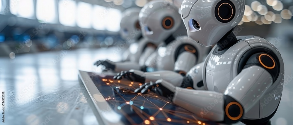 Poster a manager technical industrial engineer controls robots using monitoring software and an icon indust