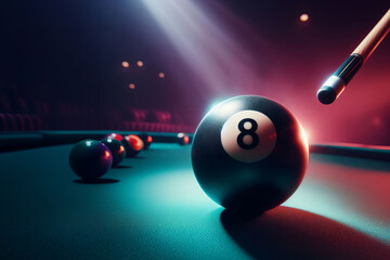 A glossy black billiard ball number 8 takes center stage, with a pool cue touching it in the upper right corner. The shot is taken from a lower angle, emphasizing the significance of the moment. The - obrazy, fototapety, plakaty