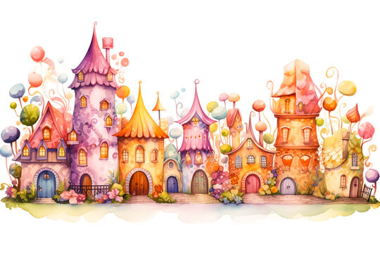Fairy-tale houses of elves or forest wizards painted in watercolor on a white background. A fictional fairy-tale town. An illustration of a story about elves.	
