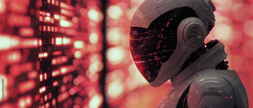 Poster Artificial Intelligence. Man using smart robot AI and artificial intelligence by entering command prompts to create something. Futuristic technology transformation. Tensor Chat with AI.