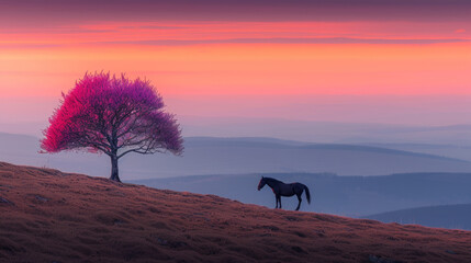 Majestic Lone Tree and Horse Against Vibrant Sunset in Hilly Landscape