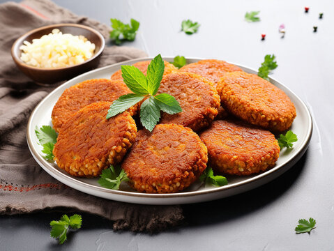 Round fried bulgur cutlets with leaves of green herbs on a plate on a white background