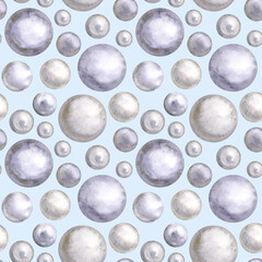 Seamless pattern of watercolor glossy pearls. Hand drawn jewelry illustration. Hand painted pearl jewellery elements on light blue background. For fabric, sketchbook, wallpaper, wrapping paper.