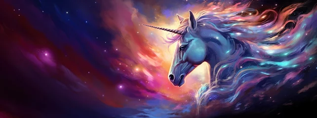 Foto op Plexiglas Beautiful unicorn, rainbow background with winged unicorn silhouette with stars. Magic fantasy world © Shaman4ik