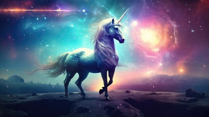 Obraz na płótnie Canvas Beautiful unicorn, rainbow background with winged unicorn silhouette with stars. Magic fantasy world
