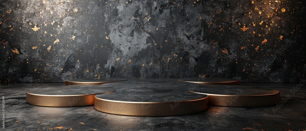 Poster background with geometric shapes in dark black, podium on the ground. platforms for product presenta