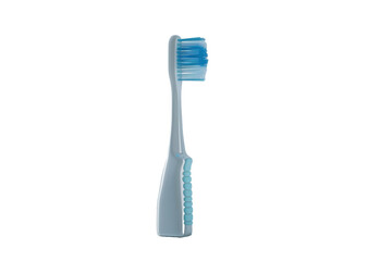 A toothbrush with vibrant blue bristles against a crisp white background