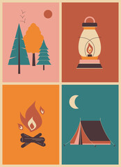 retro geometric bright poster with camping and hiking things. tent, campfire, lantern, forest