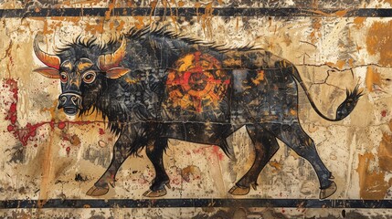 Immerse yourself in the beauty of symbolic wildlife as a buffalo becomes a canvas for ancient patterns rooted in tribal traditions.