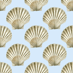 Seamless pattern of watercolor Seashell. Hand drawn illustration of sea Shell on light blue background. Colorful drawing of Scallop. Ocean Cockleshell marine underwater. For print decoration, fabric - obrazy, fototapety, plakaty