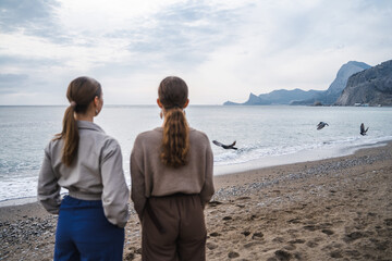 Sea landscape with mountains and flying seagulls, back side portrait of young women on the ocean...