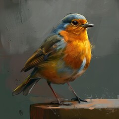 A robin, a songbird, is perching on a wooden post in a painting
