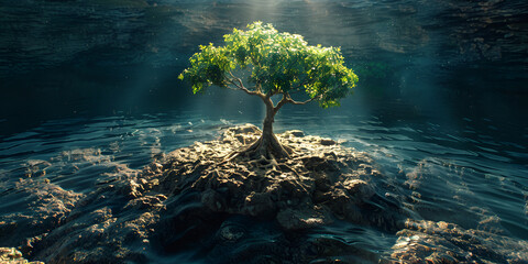 A large tree on an island with a cloudy sky in the background ,Under water tree - obrazy, fototapety, plakaty