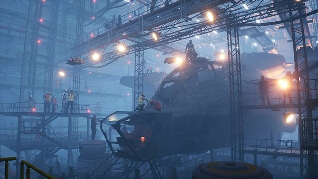 Production of military futuristic ship at the factory. People and robots Future concept. Realistic 4k animation.