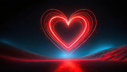 Glowing neon red heart in the air, dark background.