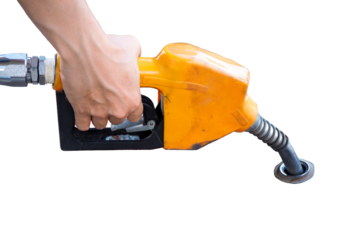 Gas pump held by hand with nozzle, alongside drill, tools, and worker in construction setting