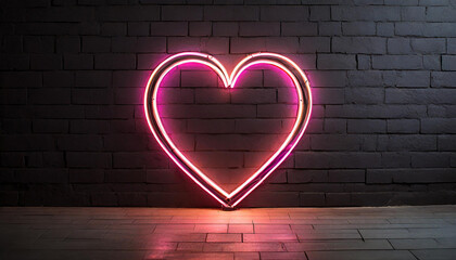 Glowing neon pink heart on black brick wall.