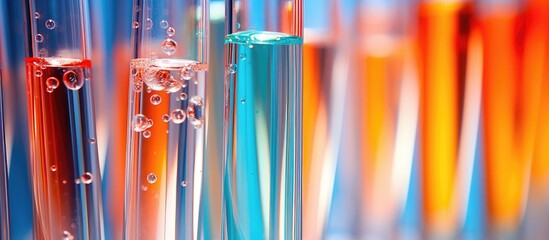 A row of test tubes filled with various colored liquids, including electric blue and magenta. These office supplies can inspire creativity and art with their vibrant tints and shades