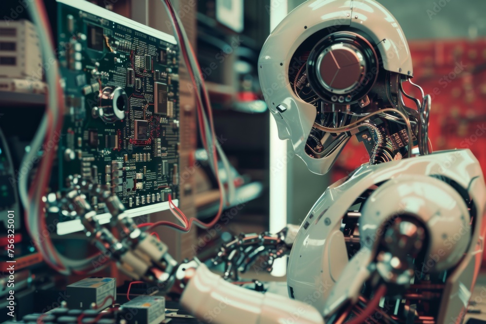 Aufkleber robotic arm is using an electric pick and place machine to place components on a circuit board in a 