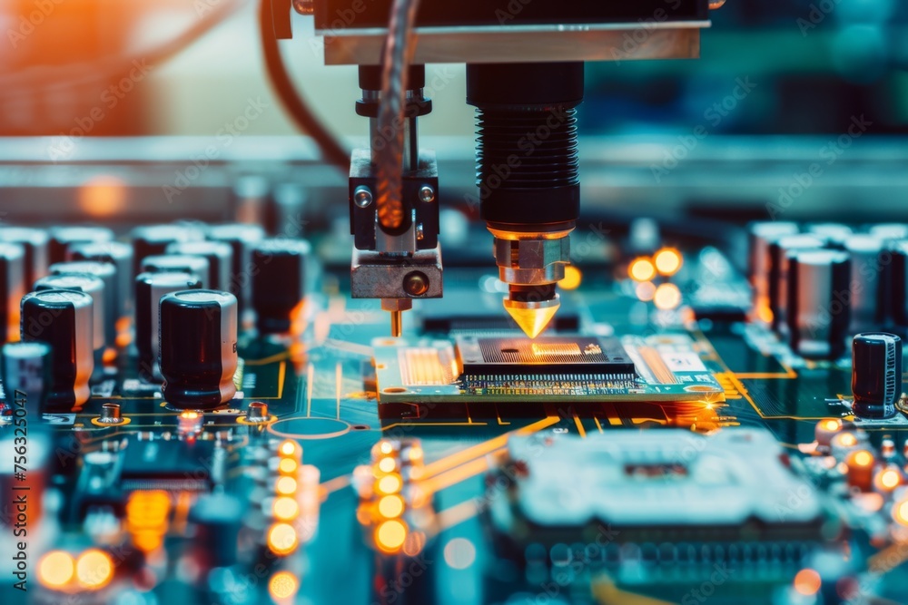 Aufkleber robotic arm is using an electric pick and place machine to place components on a circuit board in a 