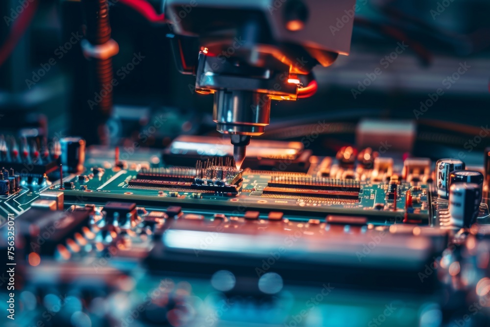 Aufkleber robotic arm is using an electric pick and place machine to place components on a circuit board in a 