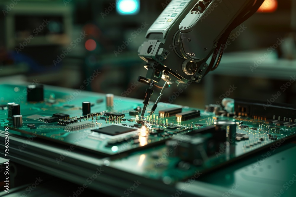 Aufkleber robotic arm is using an electric pick and place machine to place components on a circuit board in a 