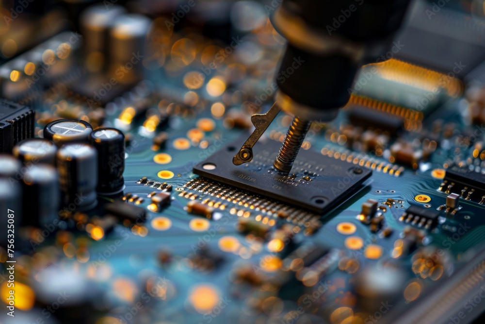 Aufkleber robotic arm is using an electric pick and place machine to place components on a circuit board in a 