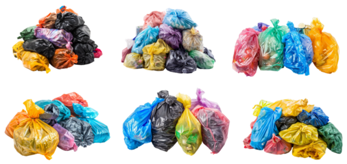 Pile of garbage with plastic bags isolated transparent background, PNG set
