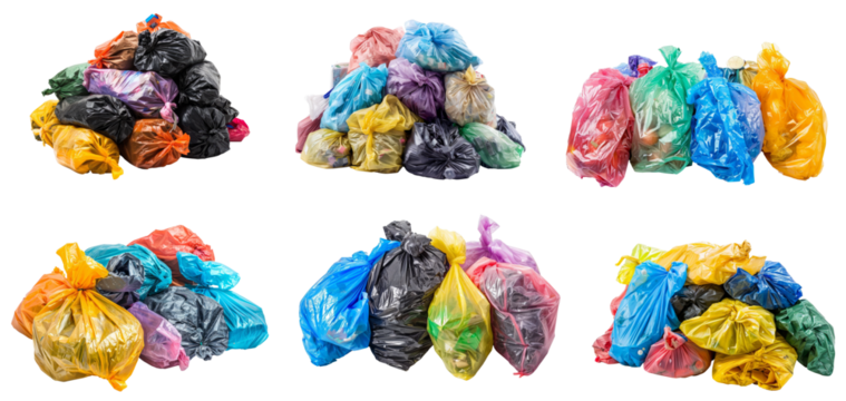 Pile of garbage with plastic bags isolated transparent background, PNG set