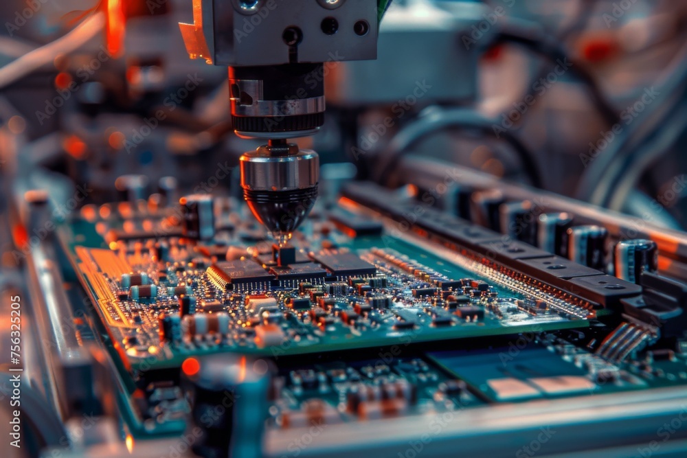 Aufkleber robotic arm is using an electric pick and place machine to place components on a circuit board in a 