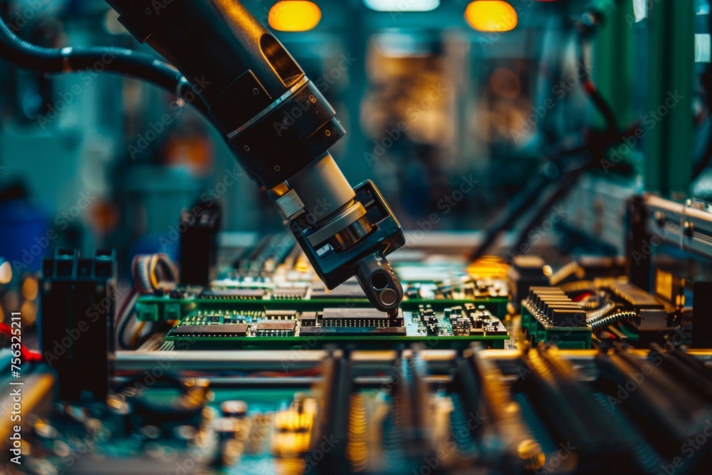 Aufkleber robotic arm is using an electric pick and place machine to place components on a circuit board in a 