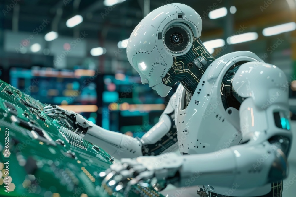 Aufkleber robotic arm is using an electric pick and place machine to place components on a circuit board in a 