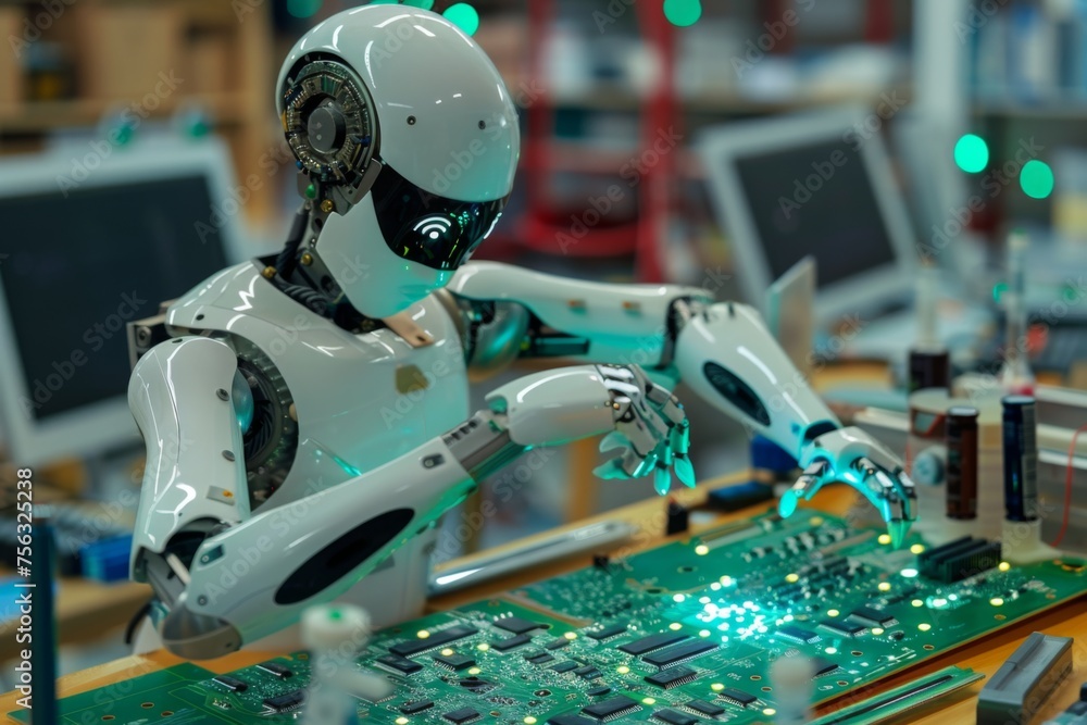 Aufkleber robotic arm is using an electric pick and place machine to place components on a circuit board in a 