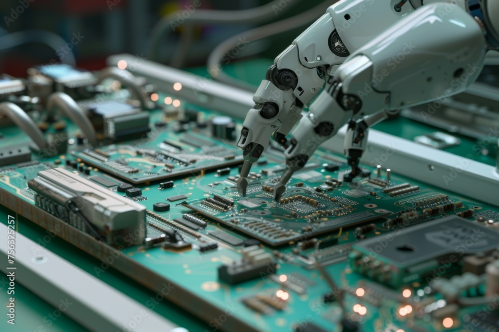 Aufkleber robotic arm is using an electric pick and place machine to place components on a circuit board in a 