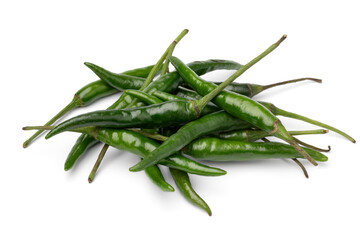 Heap of whole fresh raw green rawit peppers close up isolated on white background