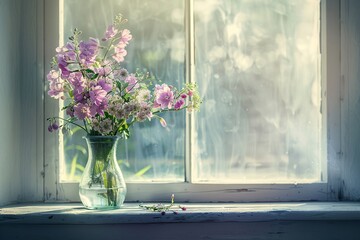 a vase with purple flowers in front of a window