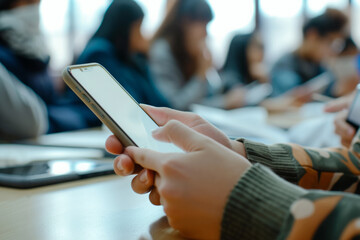 Student is focused on his smartphone among peers in classroom setting, Children distracted from the ongoing lecture using mobile phones