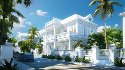 a serene white colonial house nestled within a peaceful neighborhood, capturing the charm of suburban tranquility.