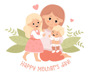 Cute woman mother with his blonde daughter in pink dress and little baby son. Holiday card Happy mothers day. Vector illustration in flat style