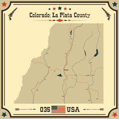 Large and accurate map of LaPlata County, Colorado, USA with vintage colors.