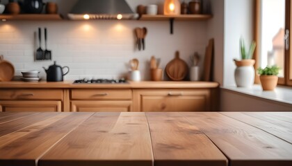 Fototapeta na wymiar empty clean table in front of kitchen, modern interior design