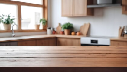 Fototapeta na wymiar empty clean table in front of kitchen, modern interior design