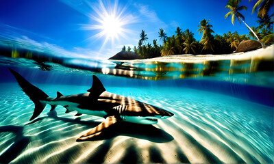 Sunlit Beach with Underwater Shark - 756325897
