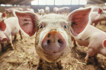 Piglet with large ears stands in a barnyard with other pigs in the background. Pig farm