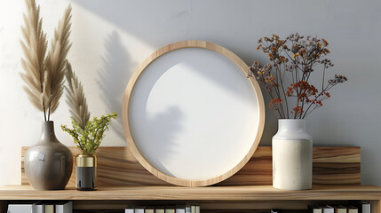 Round shape mockup photo frame plastic border, on book shelf in modern living room, 3d render