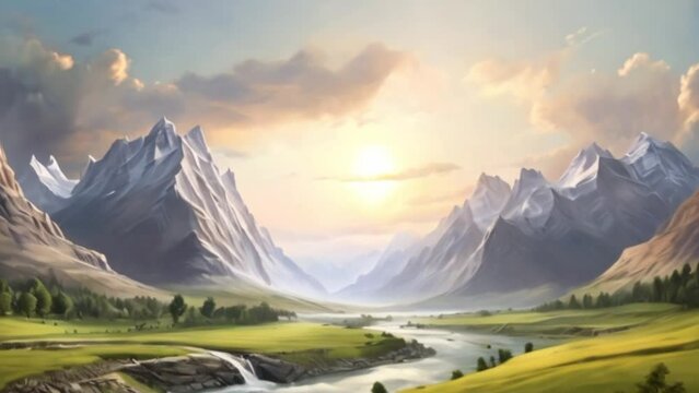 Peaceful fantasy nature landscape background. views of mountains and flowing rivers. cartoon acrylic painting style illustration
