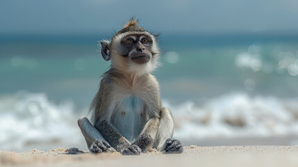 Solitary monkey sitting on a sandy shore with ocean backdrop